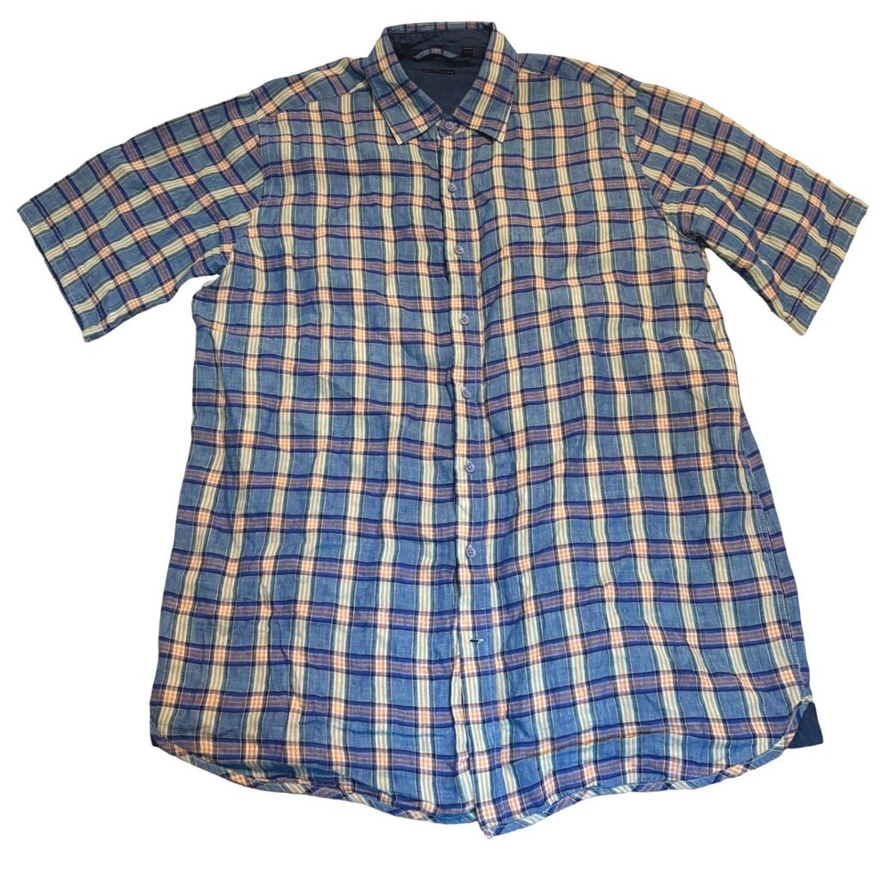 Mens Shirt‎ Linen 100% XLT Short Sleeve Button Up Blue Plaid Big Tall Rochester
